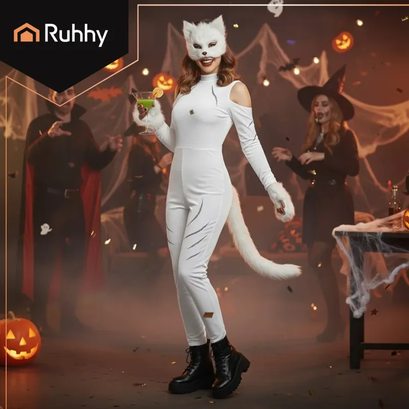 Костюм на котка/лисица, 4 части, бял, Ruhhy 26249