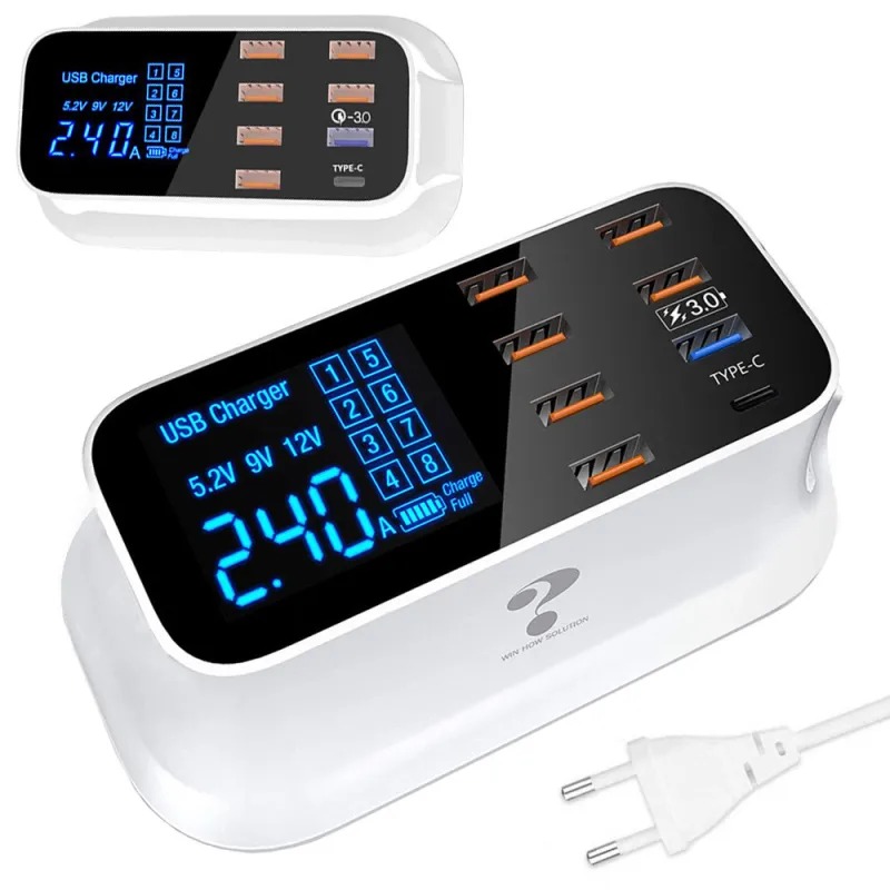 Зарядна станция с 8 USB порта, QC 3.0 и дисплей, 40 W