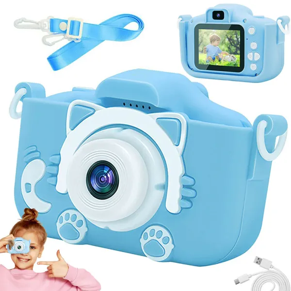 Детски дигитален фотоапарат с игри, син с коте