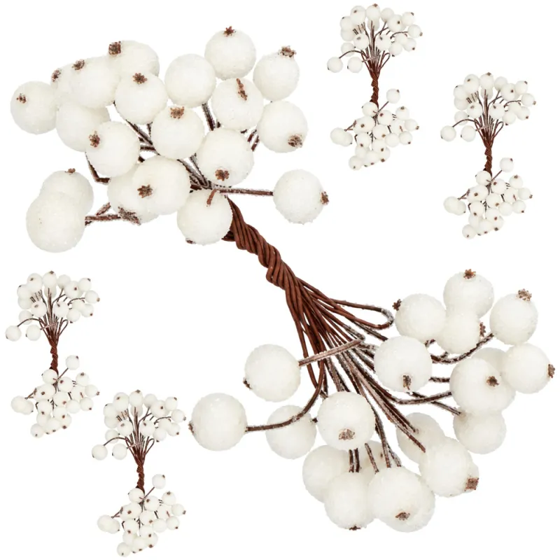 Бели заскрежени плодчета за елха, 5 клонки по 40 топчета