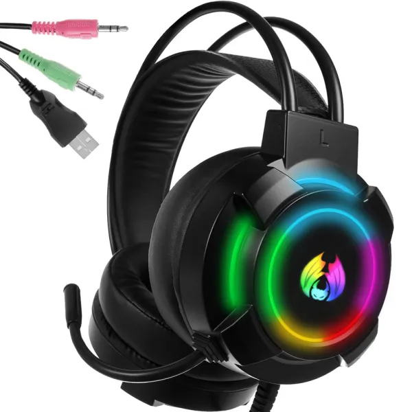Геймърски слушалки с кабел, микрофон и RGB подсветка, звук 5.1