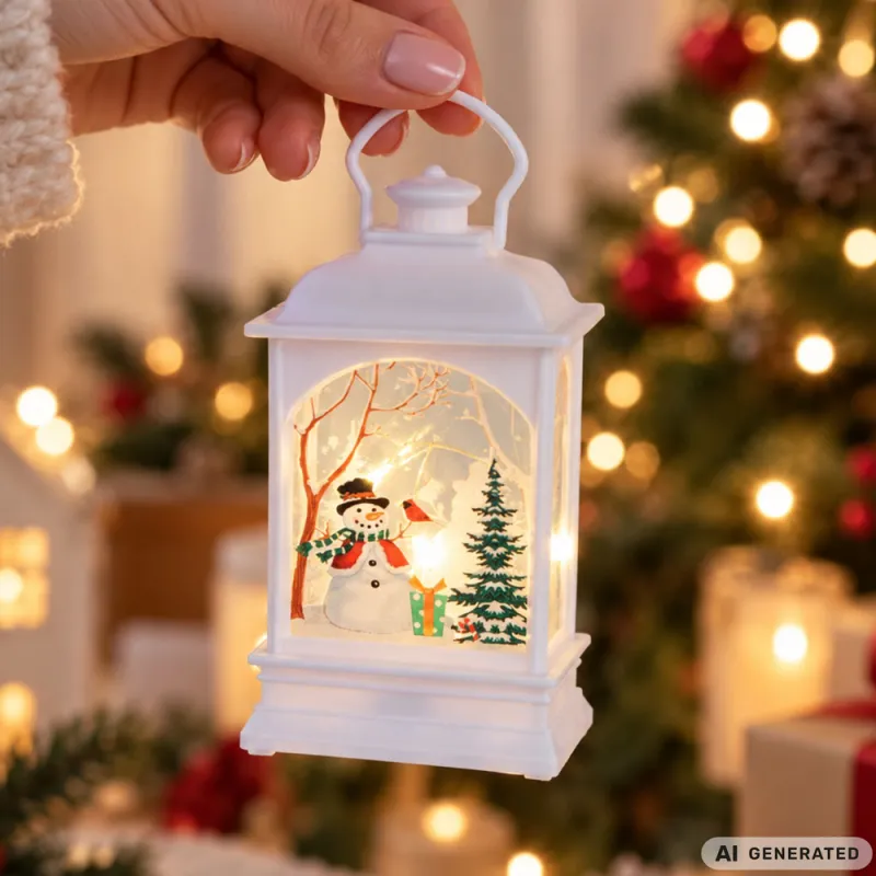 Коледен LED фенер със снежен човек, бял, 14 см — снимка 3