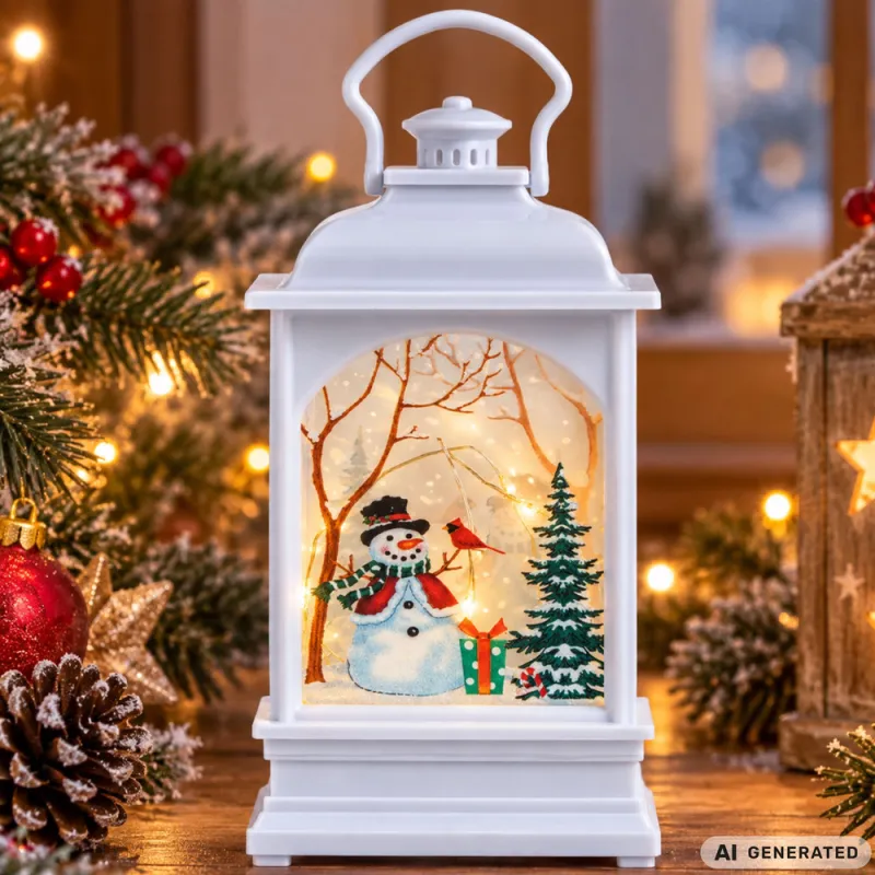 Коледен LED фенер със снежен човек, бял, 14 см — снимка 2
