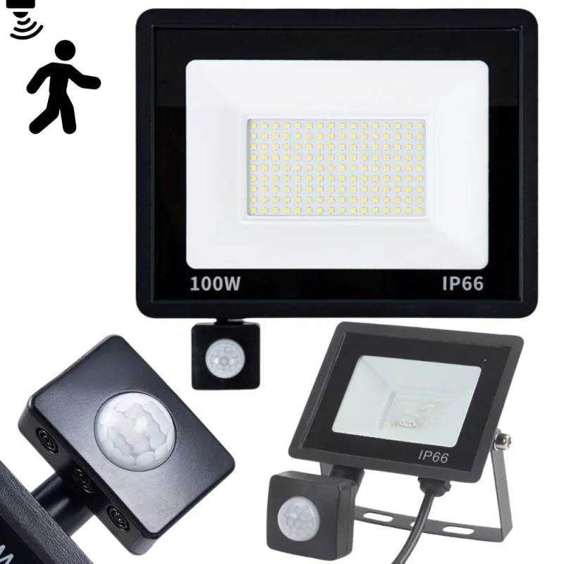 Външен LED прожектор 100 W със сензор за движение и здрач, IP66