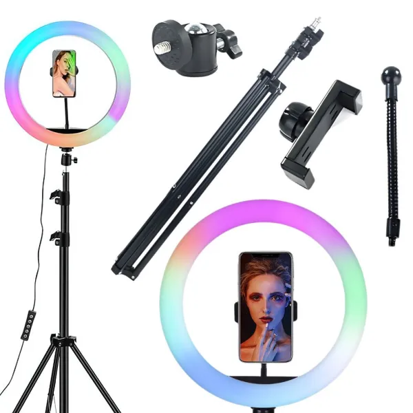 LED ринг лампа със статив и държач за телефон, RGB