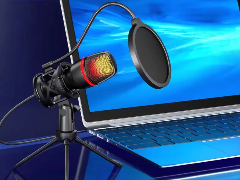 USB микрофон за компютър с RGB подсветка, стойка и поп филтър — снимка 2