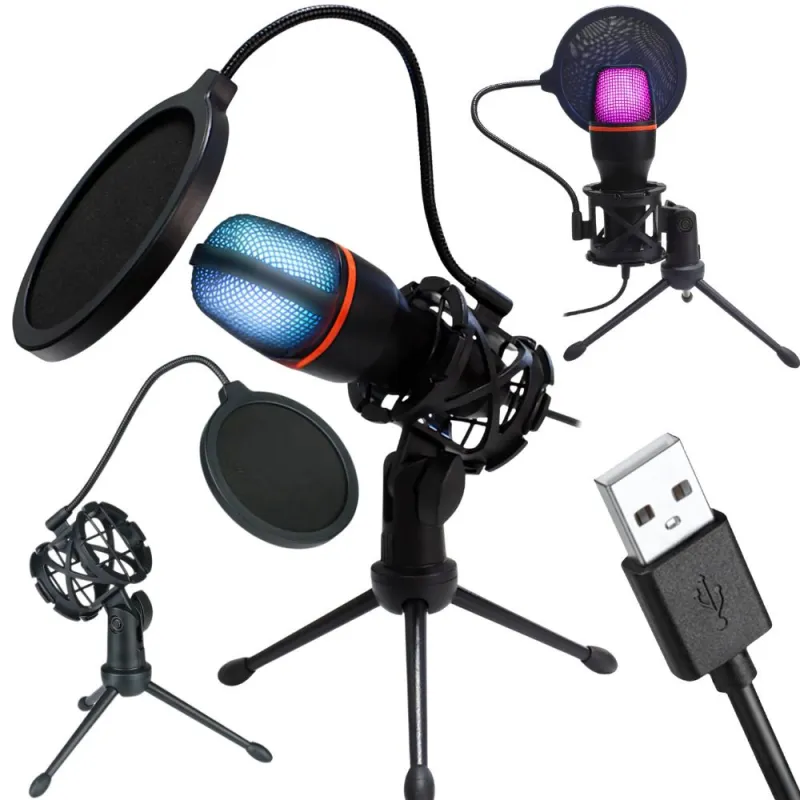 USB микрофон за компютър с RGB подсветка, стойка и поп филтър
