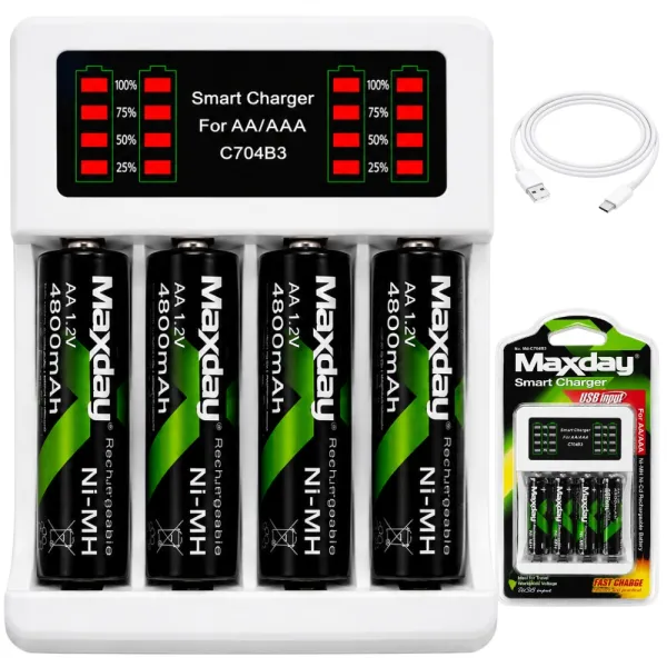 Зарядно за батерии AA и AAA с 4 акумулаторни батерии AA и USB-C