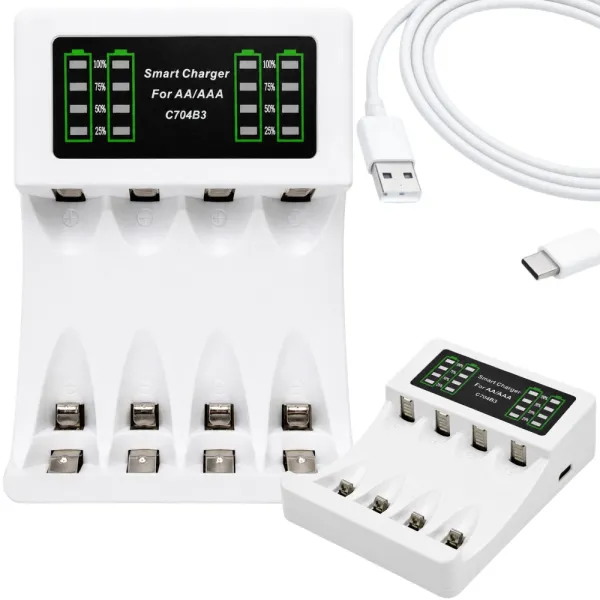 Зарядно за акумулаторни батерии AA и AAA с USB-C и 4 гнезда