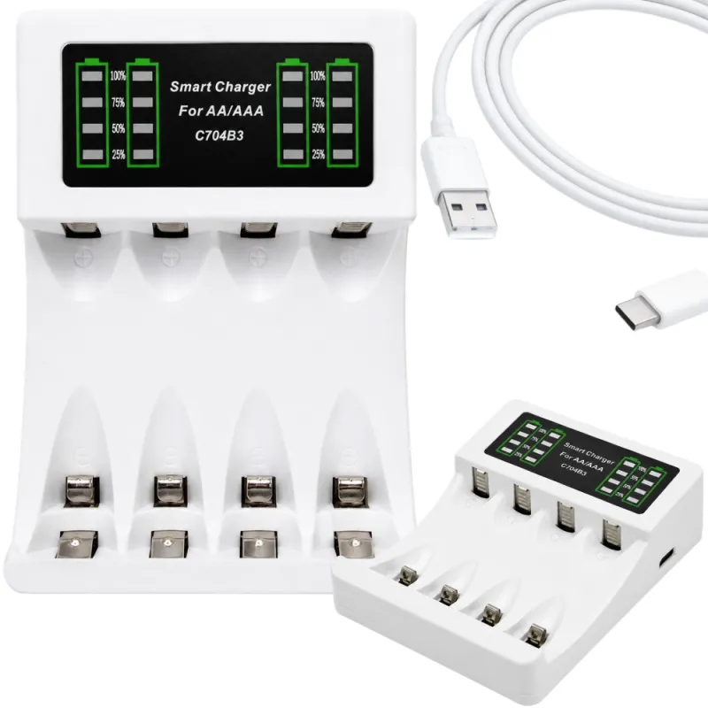 Зарядно за акумулаторни батерии AA и AAA с USB-C и 4 гнезда