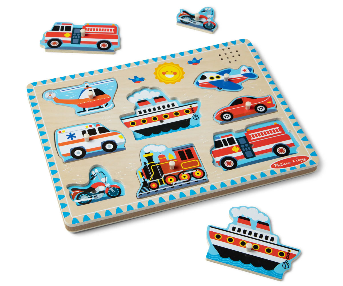 Дървен пъзел Melissa & Doug със звук – Превозни средства