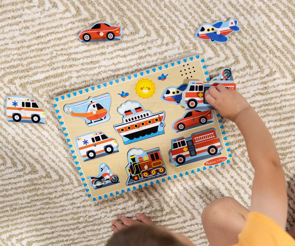 Дървен пъзел Melissa & Doug със звук – Превозни средства