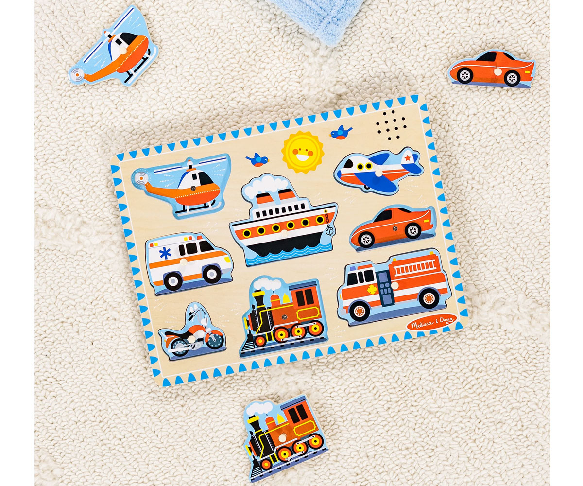 Дървен пъзел Melissa & Doug със звук – Превозни средства