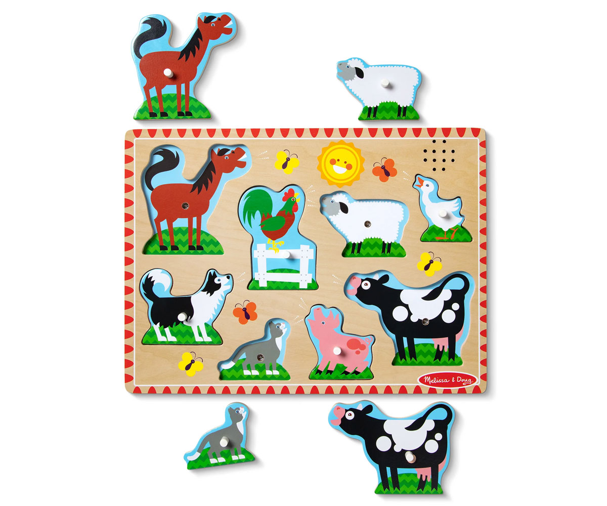 Дървен пъзел Melissa & Doug със звук – Животни от фермата
