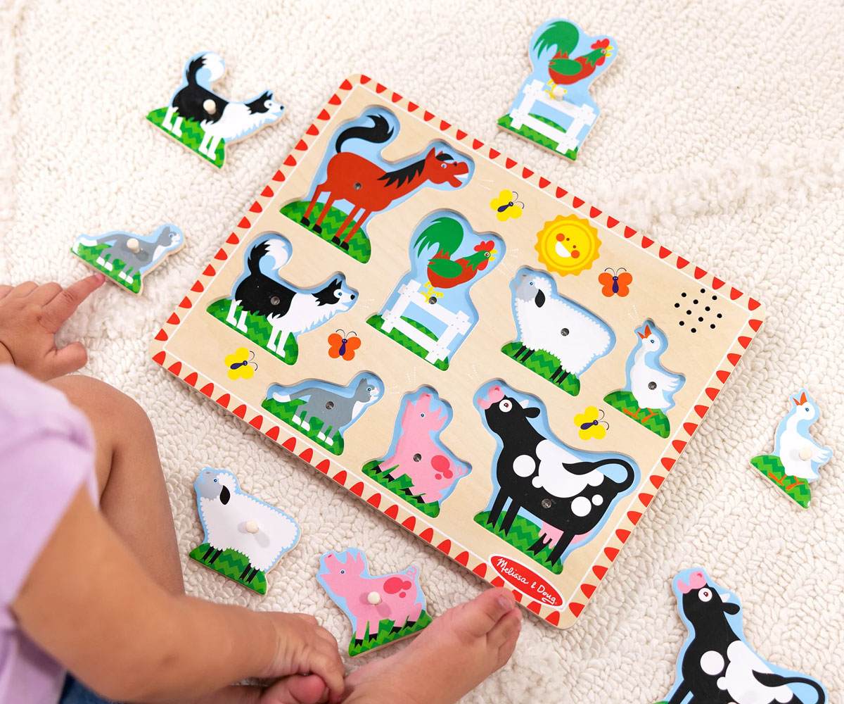Дървен пъзел Melissa & Doug със звук – Животни от фермата