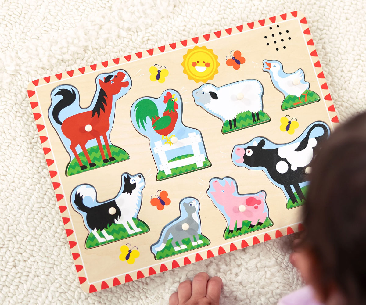 Дървен пъзел Melissa & Doug със звук – Животни от фермата