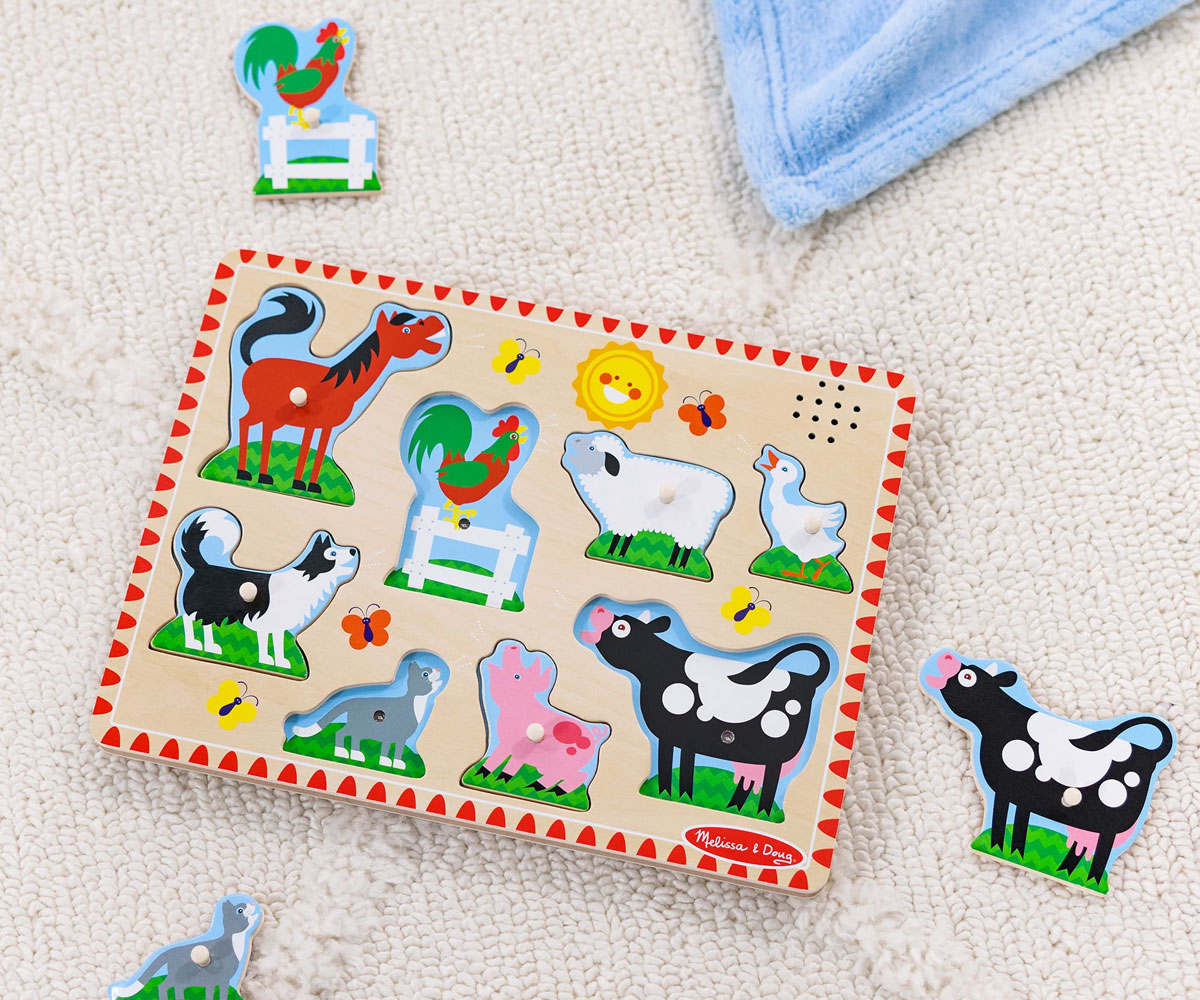Дървен пъзел Melissa & Doug със звук – Животни от фермата