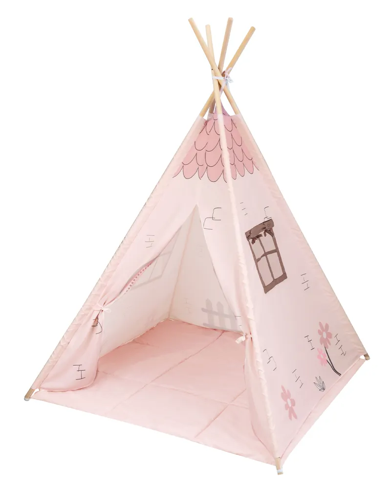 Дървена палатка за игра с мека подложка - Pink House