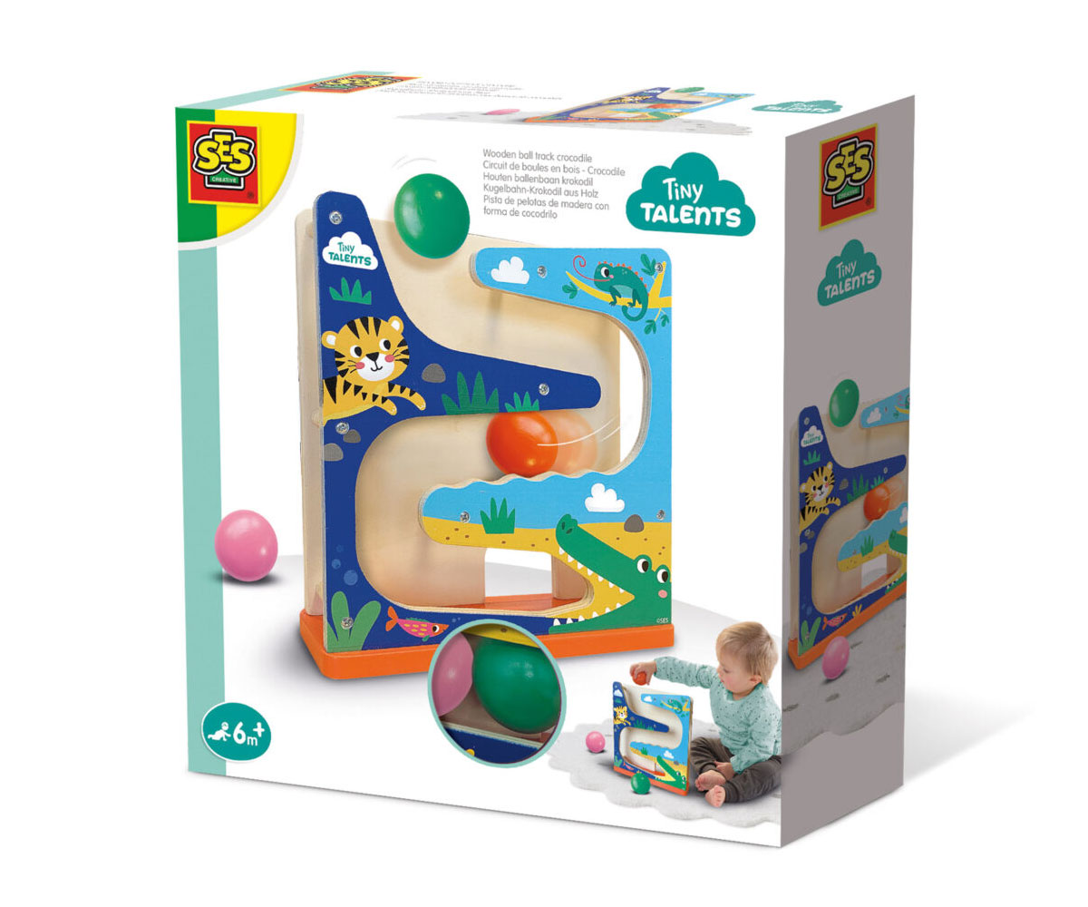 Дървена писта с топки SES Creative – крокодил, 6 м – 3 г.