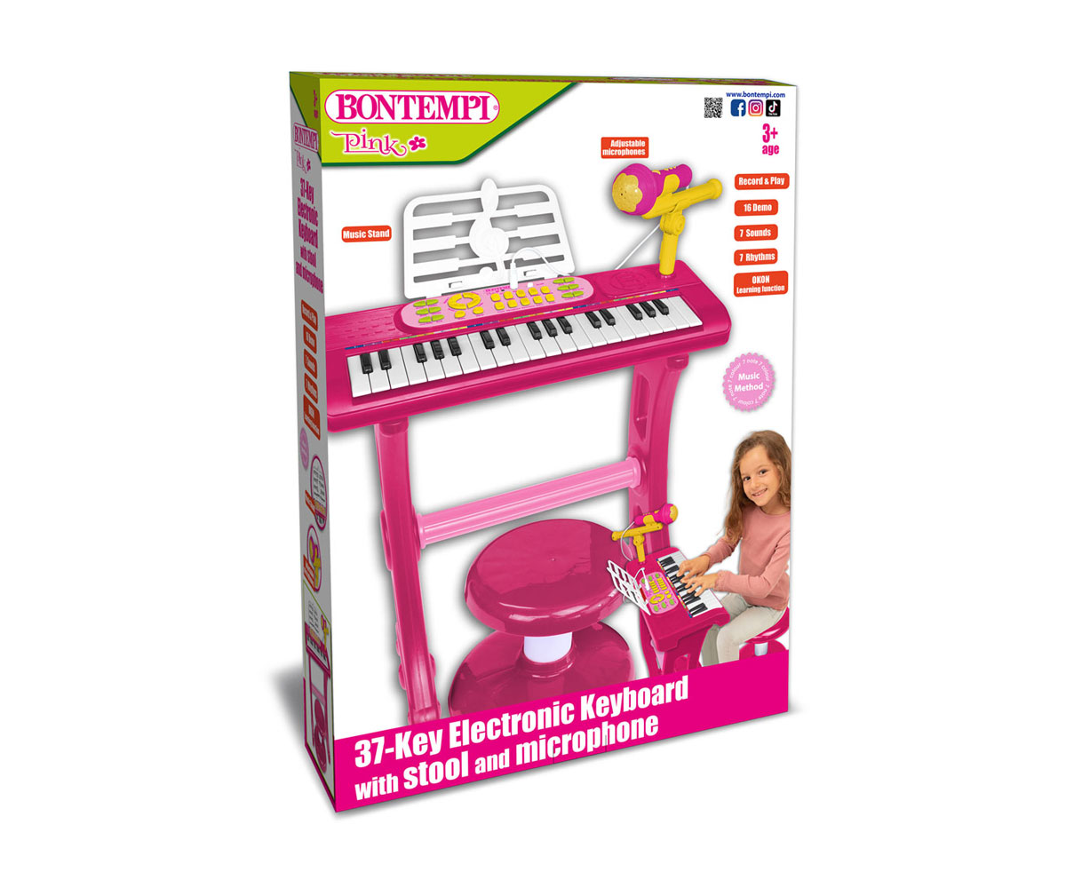 Розов синтезатор Bontempi 13 3771 с 37 клавиша и столче