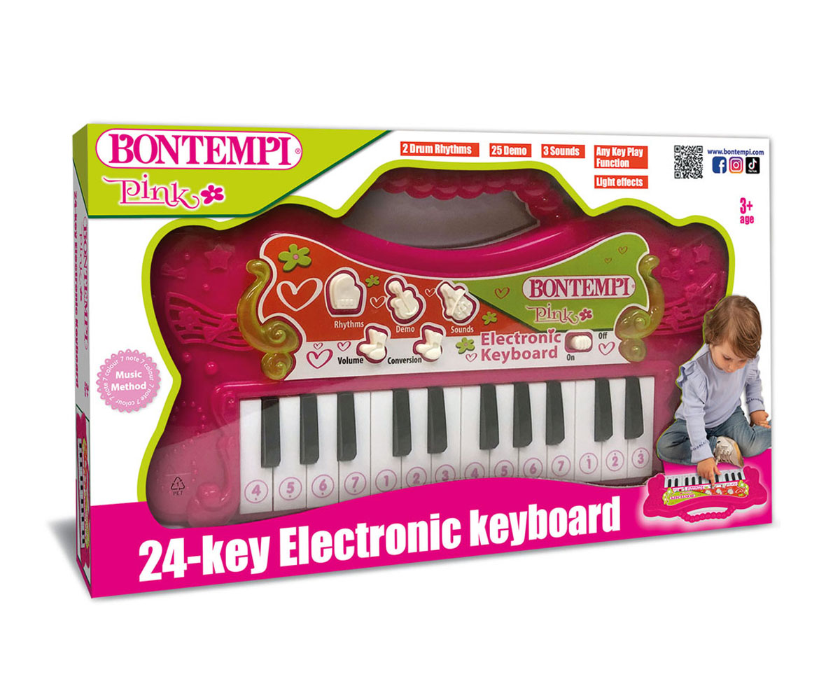 Мини синтезатор Bontempi с 24 клавиша, розов, 25 песни