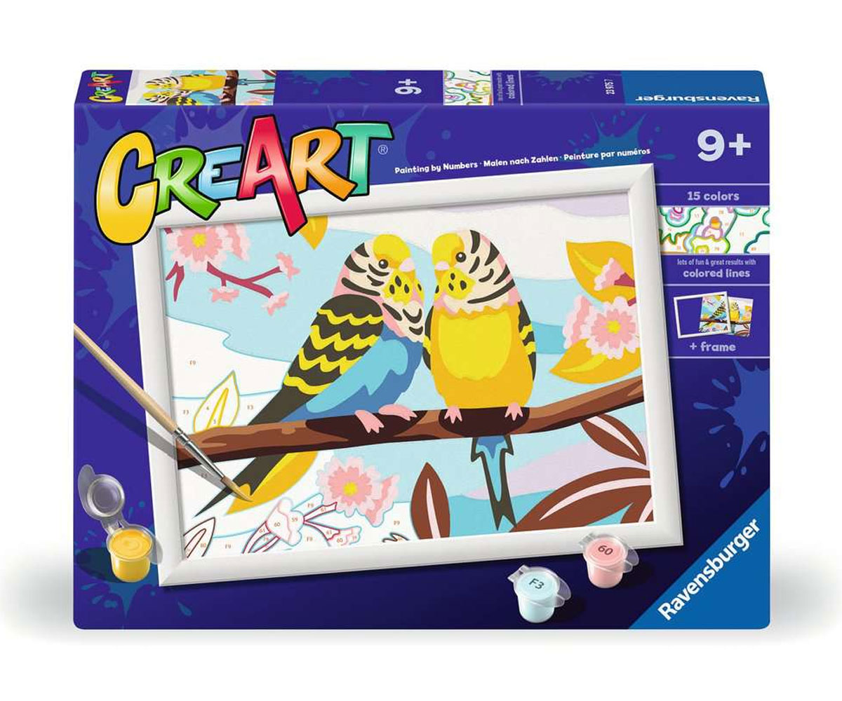 Рисуване по номера Ravensburger CreArt – Вълнисти папагалчета, 15 бои