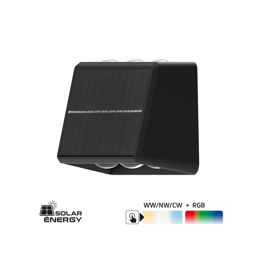 Соларно LED осветителено тяло за стена CCT+RGB, 2×60°, IP65