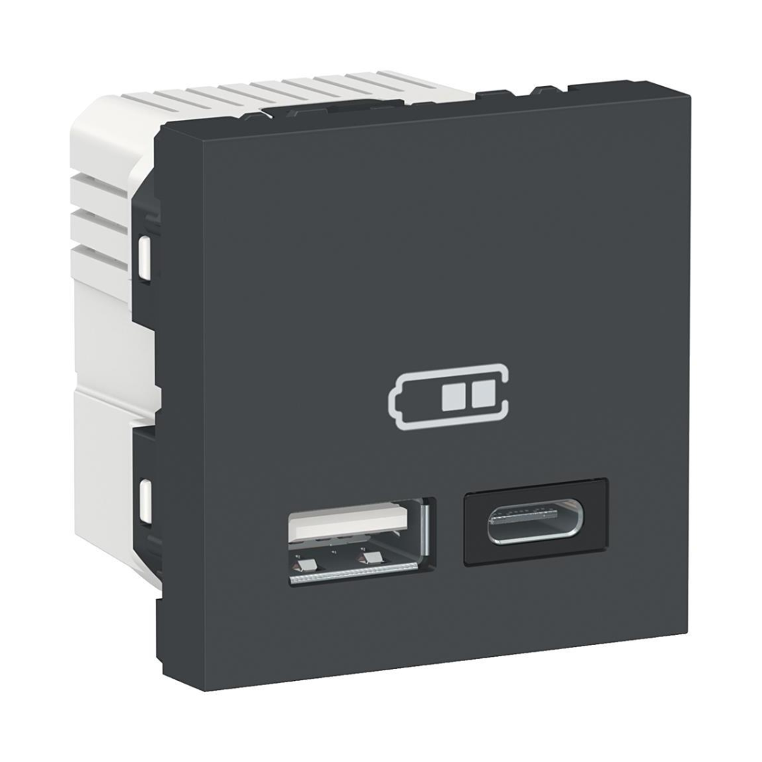 Розетка 2хUSB за зареждане тип A+C 2.4A 12W 2 мод. цвят Антрацит Unica SE