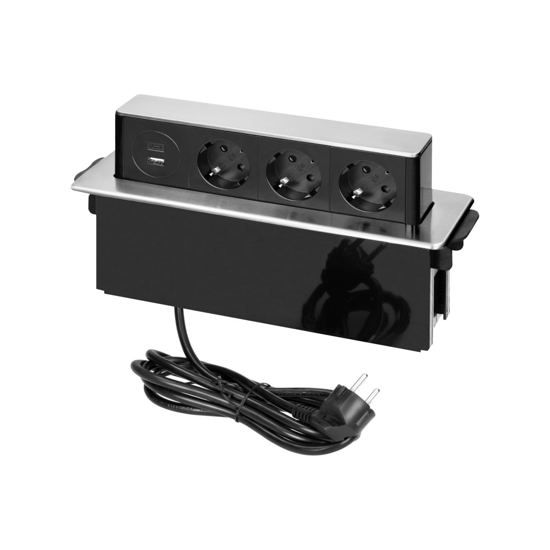 Мебелна кутия Pop-Up, с контакти 3х шуко, 2х USB тип A+C Power Delivery 20W, кабел 2m, 273x65x93mm, цвят ИНОКС, ORNO