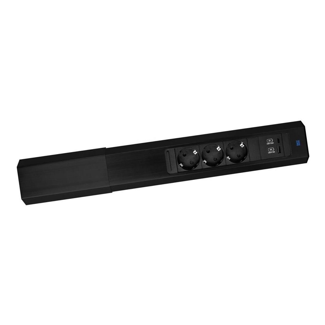 Модул CASIA 2 с 3x Шуко и USB A+C с щора, цвят ЧЕРЕН, с възможност за ъглов монтаж, захранващ кабел 2м, Bachmann