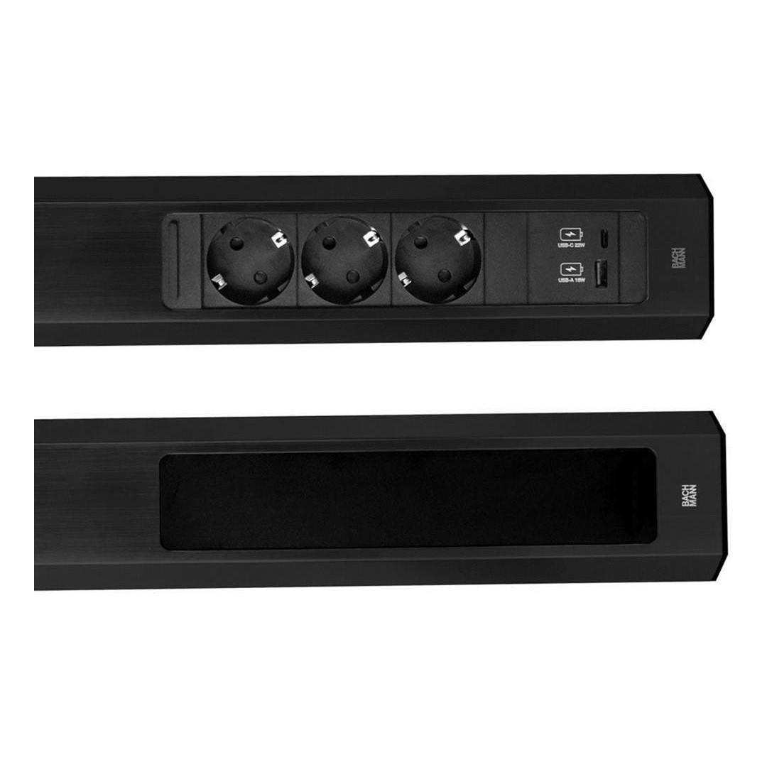 Модул CASIA 2 с 3x Шуко и USB A+C с щора, цвят ЧЕРЕН, с възможност за ъглов монтаж, захранващ кабел 2м, Bachmann