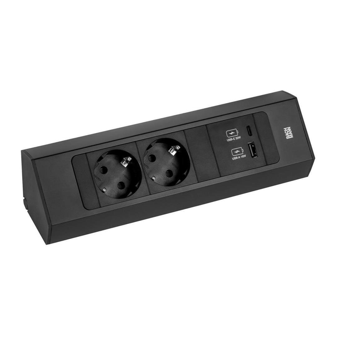 Модул CASIA 2 с 2x Шуко и USB A+C, цвят ЧЕРЕН, с възможност за ъглов монтаж, захранващ кабел 2м, Bachmann
