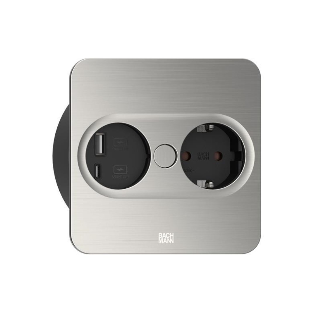 Модул TWIST 2 КВАДРАТЕН с 1х Шуко и USB тип A+C, с кабел 2м, цвят Инокс, Bachmann