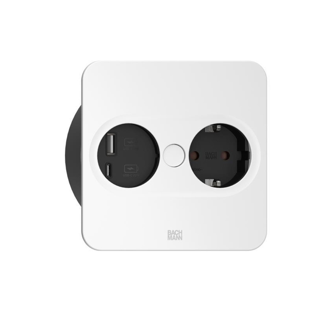 Модул TWIST 2 КВАДРАТЕН с 1х Шуко и USB тип A+C, с кабел 2м, цвят Бял, Bachmann