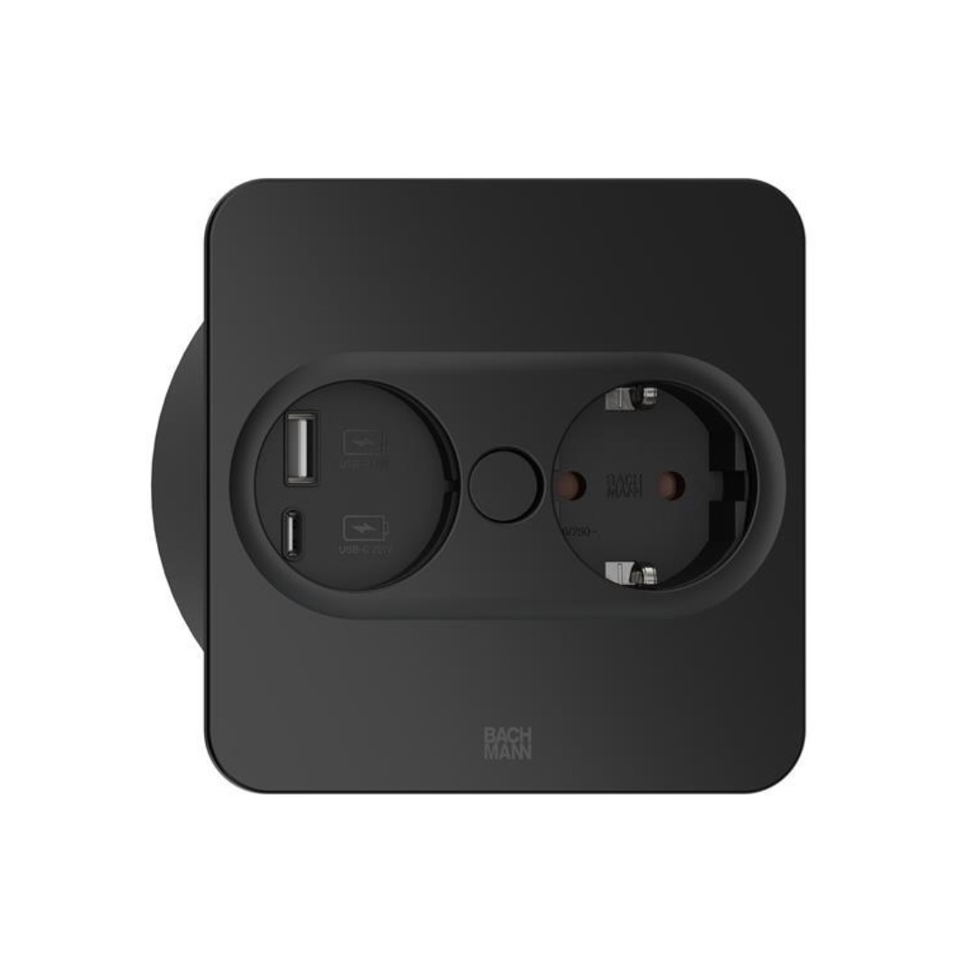 Модул TWIST 2 КВАДРАТЕН с 1х Шуко и USB тип A+C, с кабел 2м, цвят Черен, Bachmann