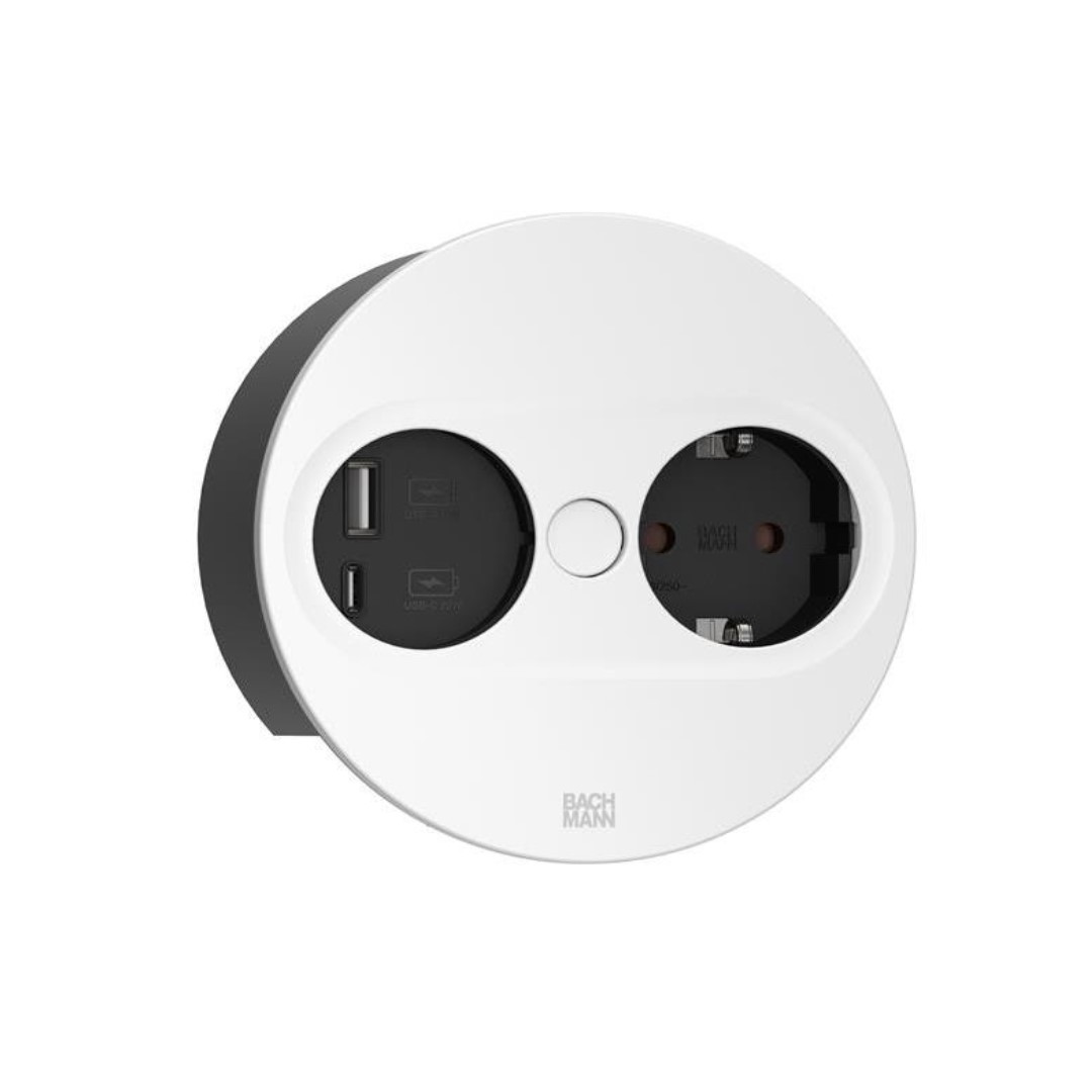 Модул TWIST 2 КРЪГЪЛ с 1х Шуко и USB тип A+C, с кабел 2м, цвят Бял, Bachmann