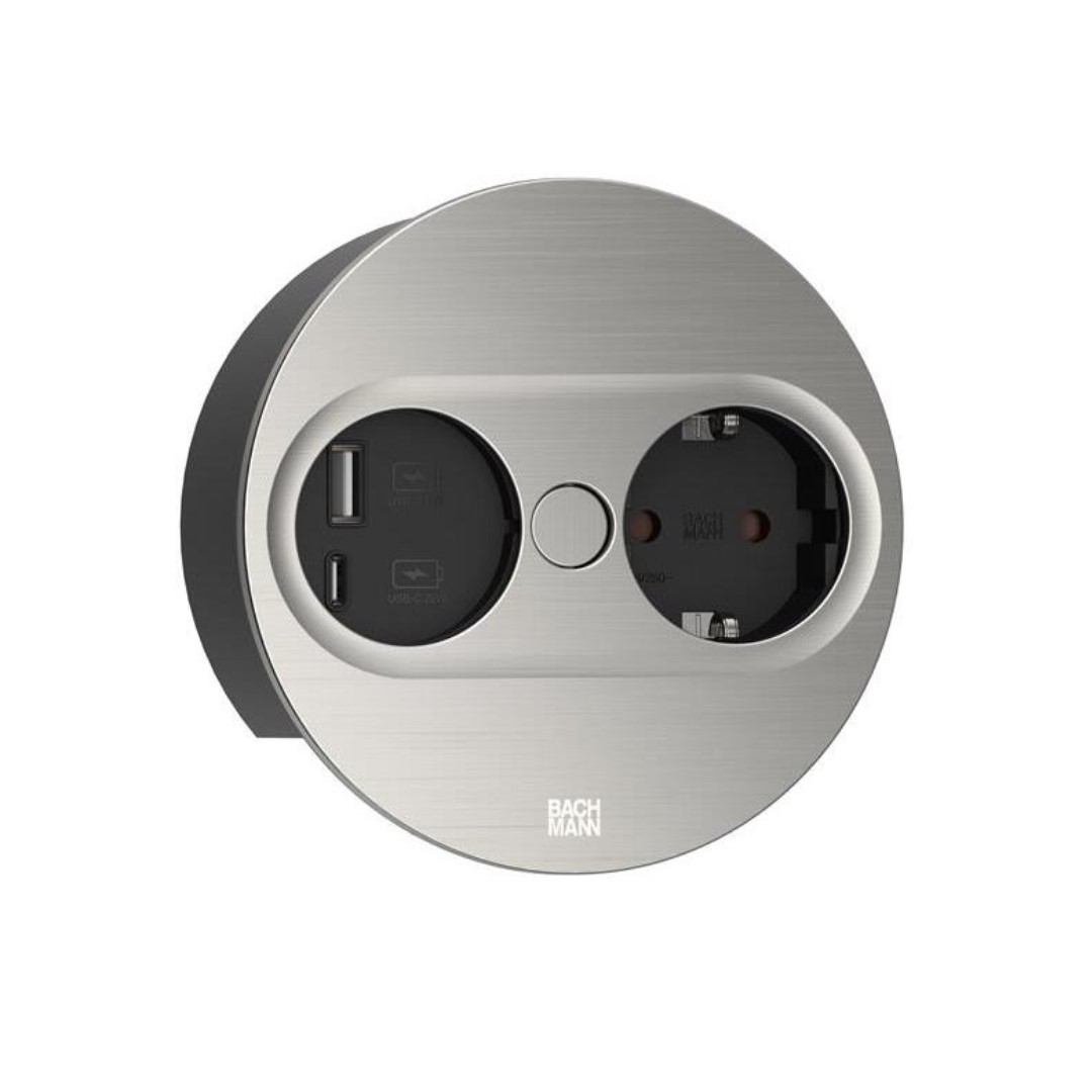 Модул TWIST 2 КРЪГЪЛ с 1х Шуко и USB тип A+C, с кабел 2м, цвят Инокс, Bachmann
