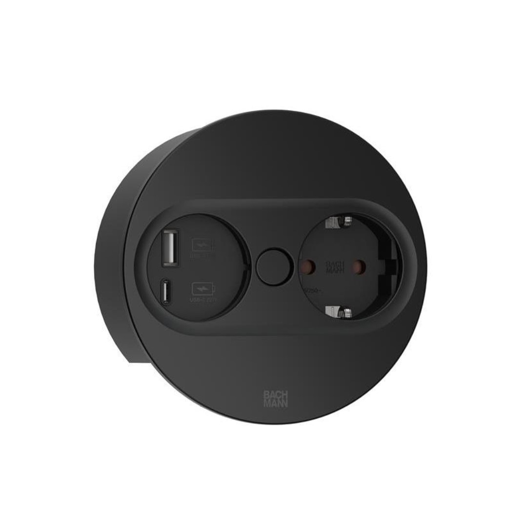 Модул TWIST 2 КРЪГЪЛ с 1х Шуко и USB тип A+C, с кабел 2м, цвят Черен, Bachmann