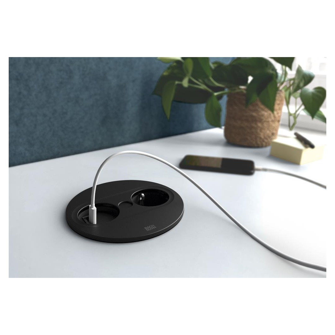 Модул TWIST 2 КРЪГЪЛ с 1х Шуко и USB тип A+C, с кабел 2м, цвят Черен, Bachmann