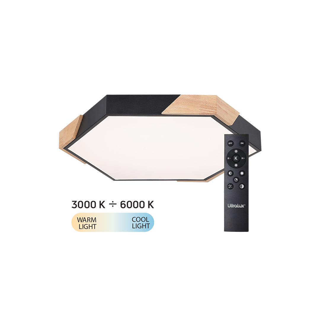 LED Slim димираща ССТ плафониера с дистанционно управление, черен с дървени елементи, max.72W, 3000K-6000К, 220-240V AC, шестоъгълник, IP20