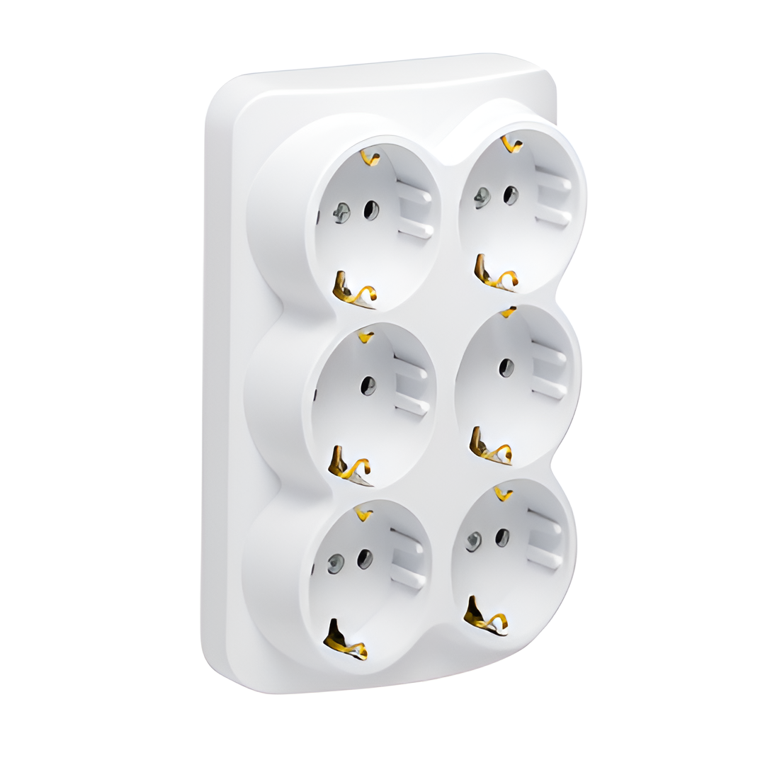 Контакт, Шесторен, 16A, 250V, 50Hz, Открит монтаж, Бял
