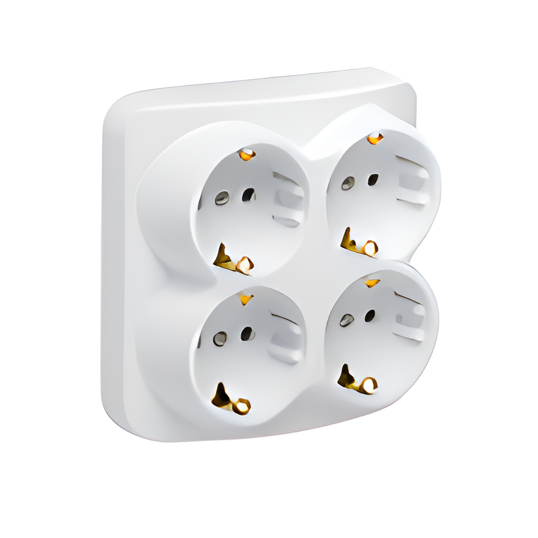 Контакт, Четворен, 16A, 250V, 50Hz, Открит монтаж, Бял