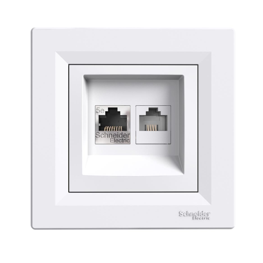 Розетка RJ45 UTP cat.5е + RJ12 моноблок цвят Бял Asfora SE