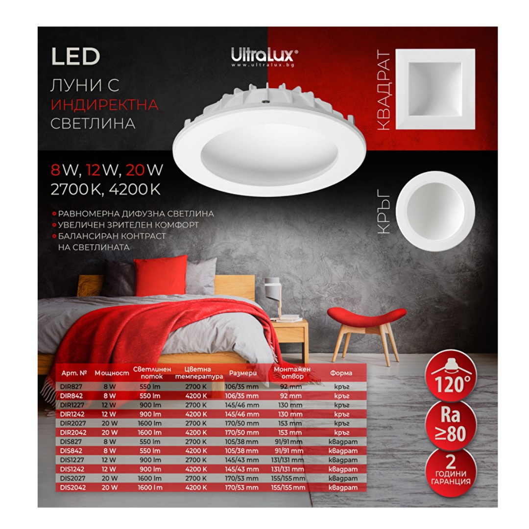 LED луна с индиректна светлина 8W, 2700K, 220-240V AC, топла светлина, квадрат