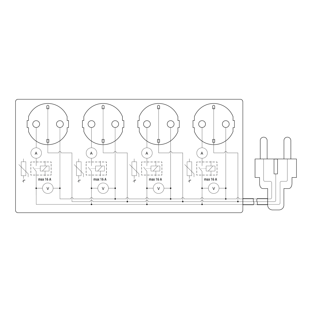 Разклонител ЧЕРЕН 4x2P+E с кабел 1.5 метра / 3×1.5мм2 с мерител Shelly Power Strip 4 Gen4