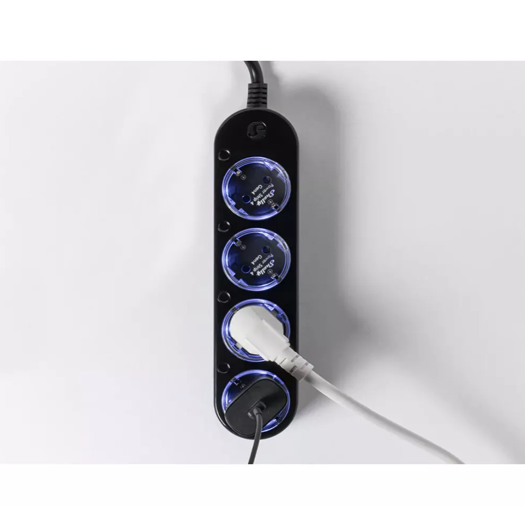 Разклонител ЧЕРЕН 4x2P+E с кабел 1.5 метра / 3×1.5мм2 с мерител Shelly Power Strip 4 Gen4