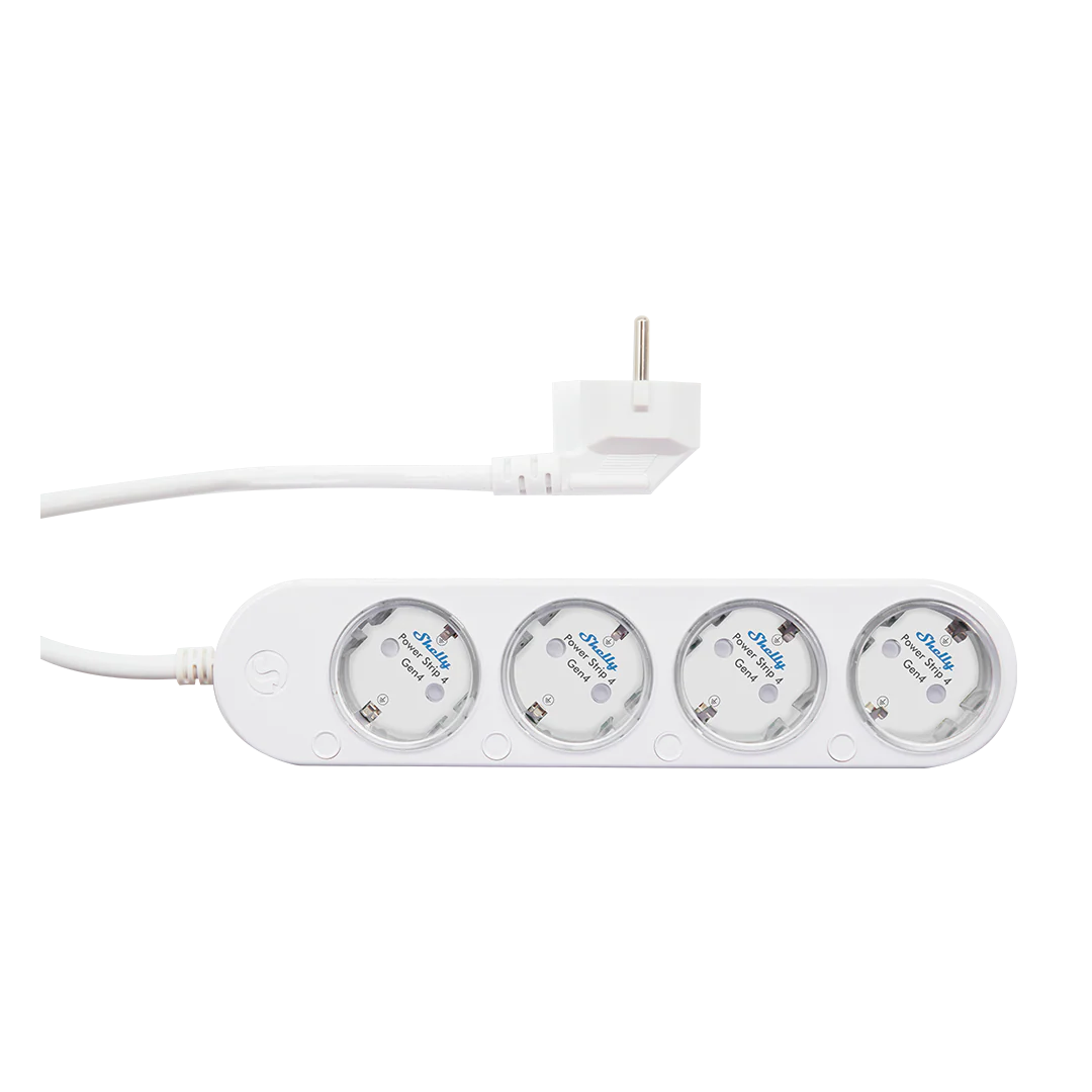 Разклонител БЯЛ 4x2P+E с кабел 1.5 метра / 3×1.5мм2 с мерител Shelly Power Strip 4 Gen4