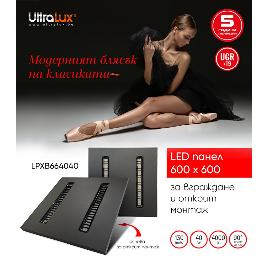 LED панел за октрит монтаж, 600х600, UGR<19, 40W, 4000K, 130 lm/W, 90°, 220V-240V AC, черен, IP20