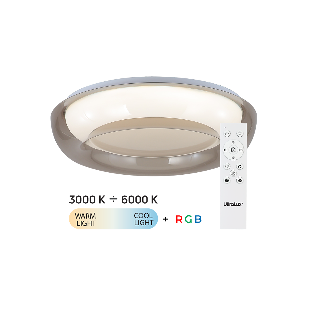 LED димираща ССТ+RGB плафониера с дистанционно управление, опушен кварц, 28W+5W, 3000K-6000К, 220-240V AC, кръг, IP20