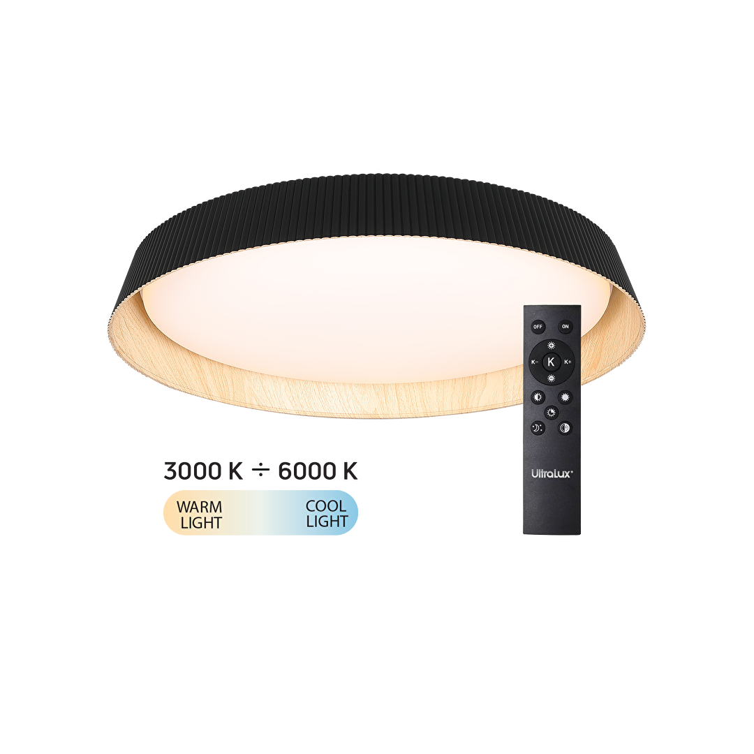 LED димираща ССТ плафониера с дистанционно управление, черен/дърво, max.72W, 3000K-6000К, 220-240V AC, кръг, IP20